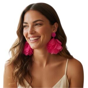 Fluffy Pink Chiffon Drop Earrings Romantic Glam Statement Jewelry